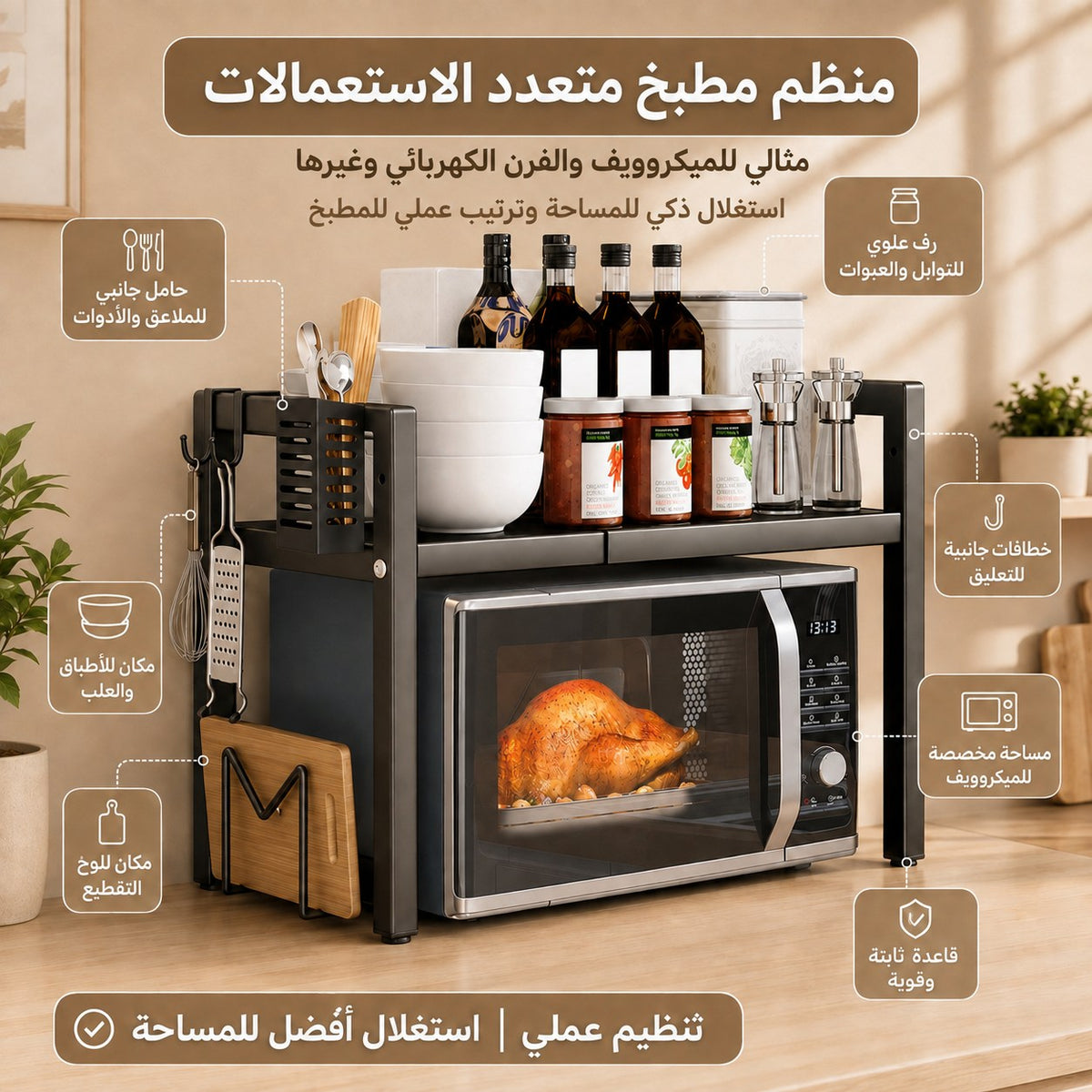 مميزات منظم المطبخ: رف علوي للتوابل وحامل للملاعق وخطافات جانبية ومكان للوح التقطيع